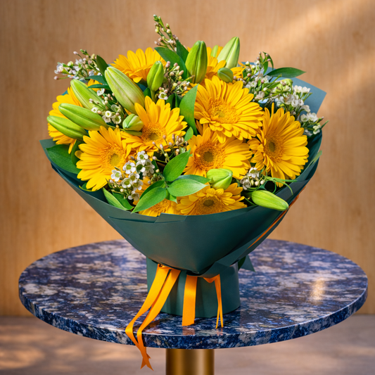 birthday flower delivery toronto gta yellow gerbera daisy bouquet with fresh lilies and greenery
