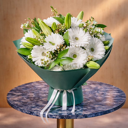 birthday flower delivery toronto gta white gerbera and lily bouquet elegant floral arrangement