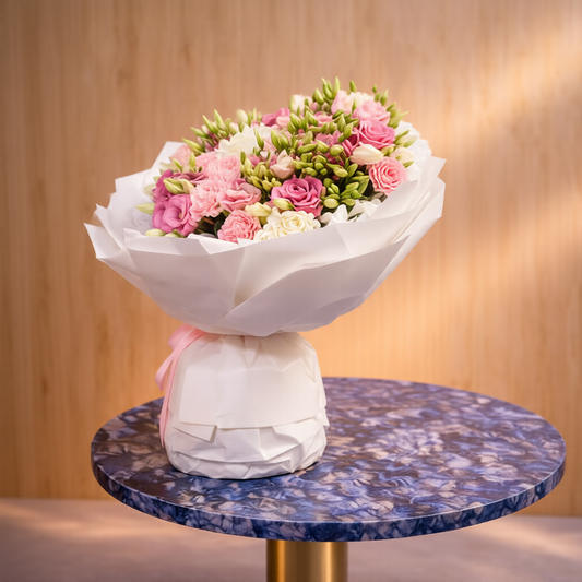 Pink and white anniversary flowers arranged in a full hand-tied bouquet for Toronto delivery