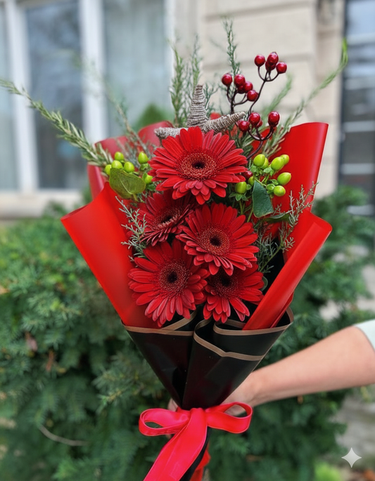 Same day flower delivery Toronto GTA – handheld Arctic Cheer bouquet with white gerberas