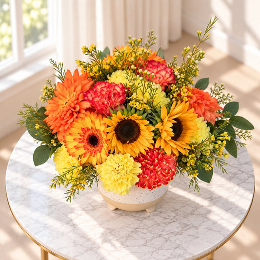 Top view of an autumn sunflower arrangement with orange dahlias and red carnations