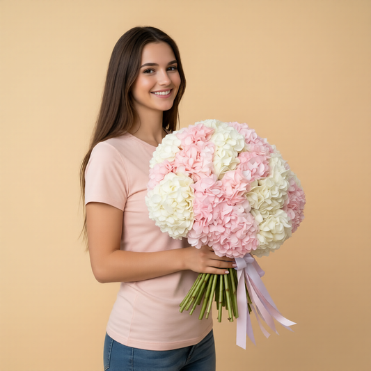 Soft hydrangea blooms arranged in Azure Cloud bouquet