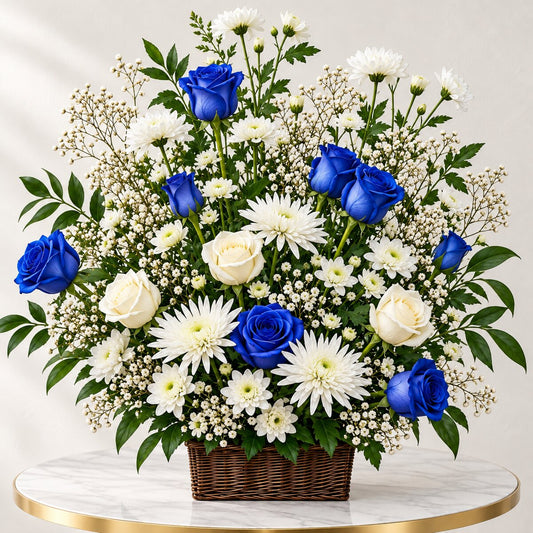 Blue rose memorial flower basket with white chrysanthemums