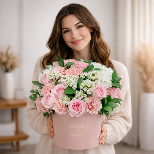 Pink and white flower box arrangement