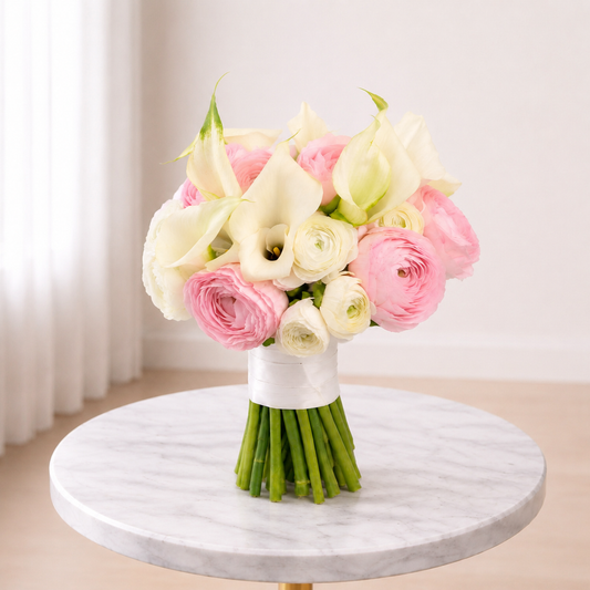 Side view of white calla lilies and blush ranunculus for Mississauga flower delivery