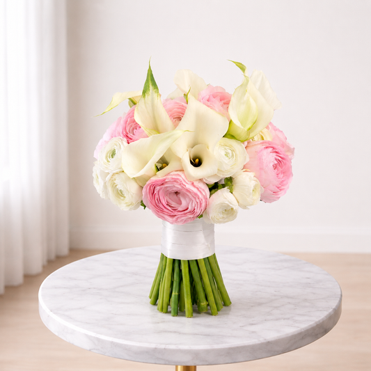 Front view of a white calla lily bouquet with pink ranunculus for Toronto wedding delivery