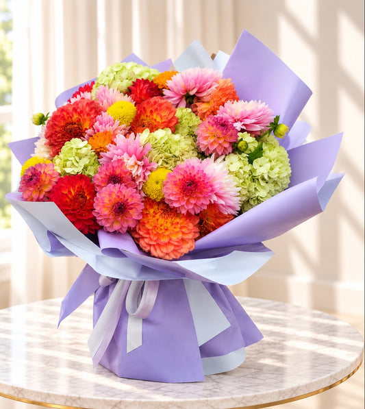 Colourful birthday flowers with dahlias and hydrangeas available for delivery in Toronto