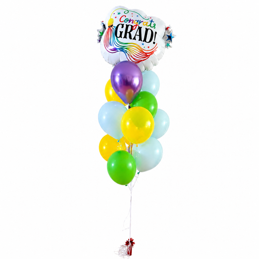 Colourful graduation balloon bouquet with a round grad message balloon above purple, yellow, green and light blue balloons.