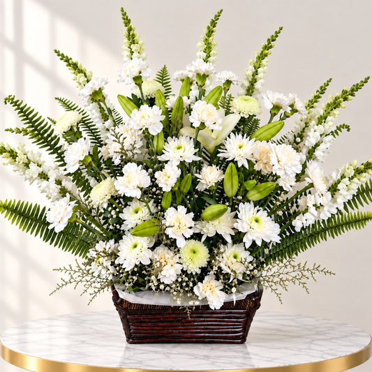 Close view of white lilies, carnations, chrysanthemums and greenery in a condolence flower basket