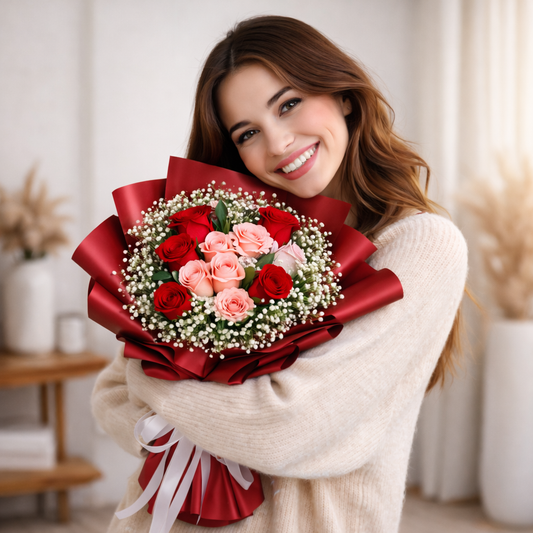 Red pink and lavender floral arrangement