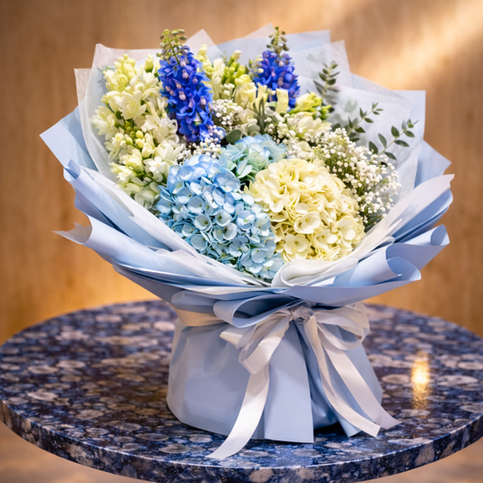 Premium birthday bouquet with soft blue and white flowers