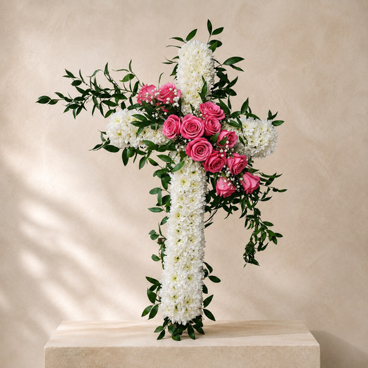 Eternal Grace funeral floral cross with pink roses and white blooms in Toronto