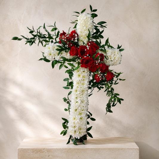 Eternal Grace funeral cross with red roses and white flowers for memorial delivery in Toronto