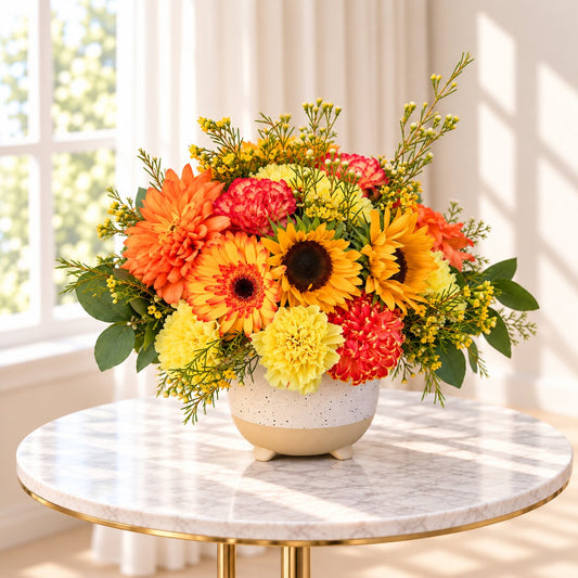 Side view of a fall flower arrangement with sunflowers for delivery in Toronto
