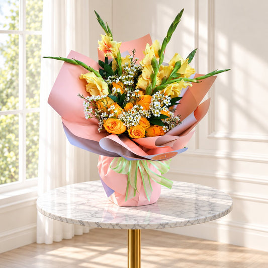 Golden Sunrise autumn flower bouquet displayed on a round marble table