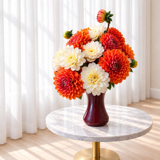 - Fall flowers Toronto arrangement with colourful dahlias on a marble table