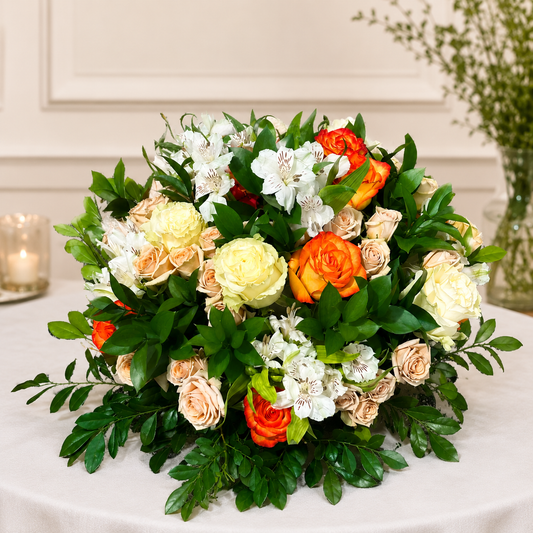 Luxury flower centerpiece Toronto with roses and elegant greenery