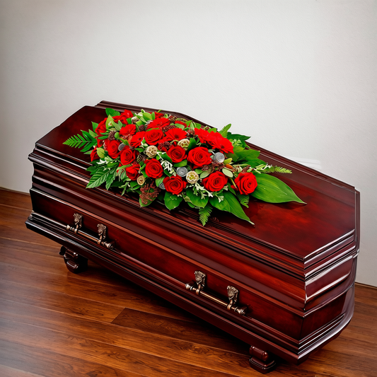Funeral casket spray with red roses Toronto – Crimson Legacy floral tribute