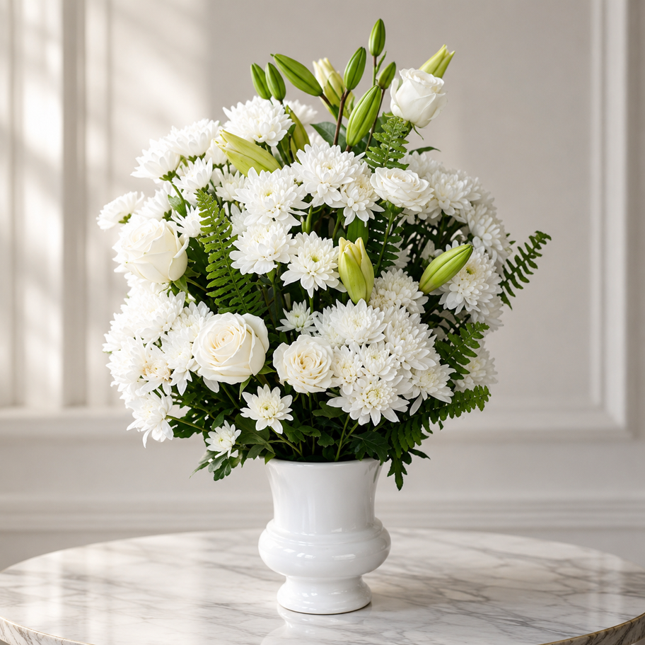 Funeral Flowers Toronto luxury white funeral flower arrangement by Amarilis Flowers with same day delivery in Toronto and Mississauga.