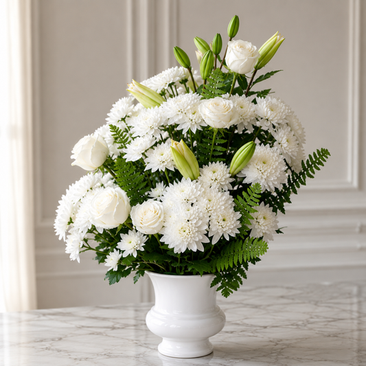 Side view of luxury Funeral Flowers Toronto arrangement with white roses, lilies and chrysanthemums by Amarilis Flowers.
