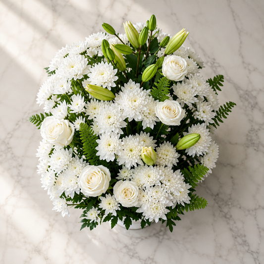 Top view of luxury Funeral Flowers Toronto arrangement featuring white roses, chrysanthemums and lilies by Amarilis Flowers.