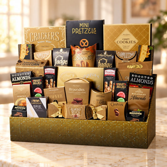 Chocolate gift basket Toronto with gourmet chocolates, coffee, cookies, almonds and savoury snacks in a black-and-gold box by Amarilis Flowers