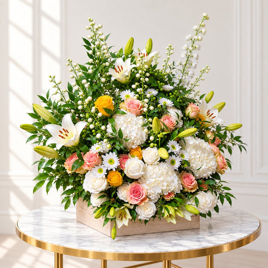 Grand memorial flower arrangement featuring lilies, blush roses, yellow roses and fresh foliage