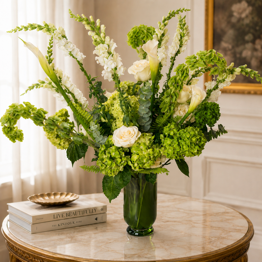 Green flower centerpiece Toronto with hydrangeas and white roses