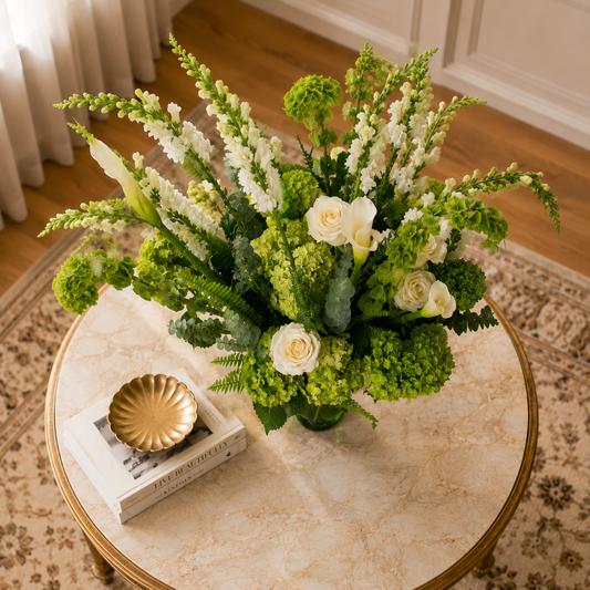 Top view of green flower centerpiece Toronto with luxury blooms