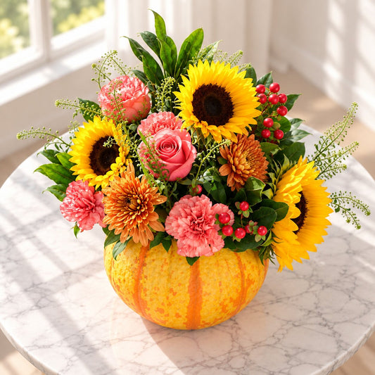 Top view of Harvest Symphony pumpkin flower arrangement with fresh seasonal blooms
