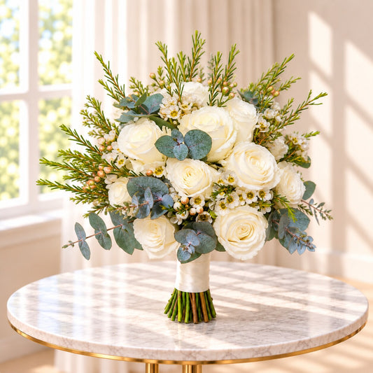 Top view of Ivory Everlasting luxury white wedding bouquet
