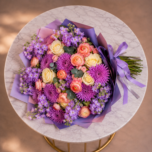 Top view Lavender Sorbet Flower Bouquet premium floral arrangement