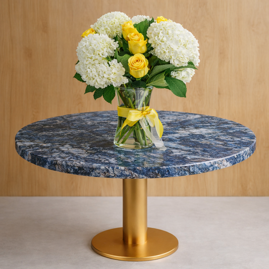 Side view of Luminous Meadow bouquet in glass vase