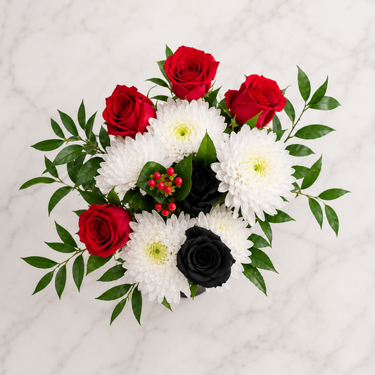 Luxury black rose bouquet with red roses for romantic flower delivery