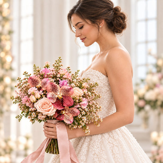 Luxury bridal bouquet Toronto bride holding pink orchids and blush roses in an elegant side-profile wedding portrait