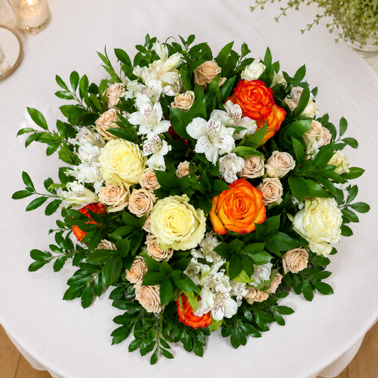 Top view of luxury floral centerpiece with premium roses