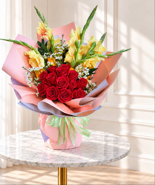 Luxury flower bouquet Toronto with red roses and tall yellow gladiolus