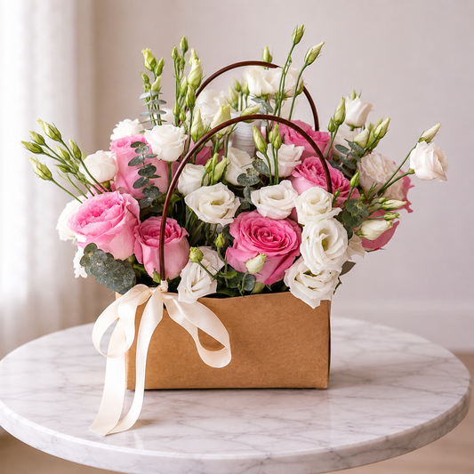 Luxury flower box Toronto featuring pink roses, white lisianthus, eucalyptus, and premium seasonal flowers handcrafted by Amarilis Flowers.