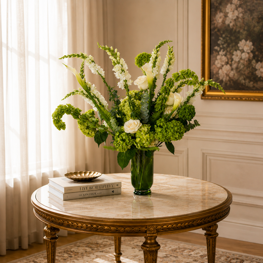 Luxury green flower centerpiece Toronto on marble table