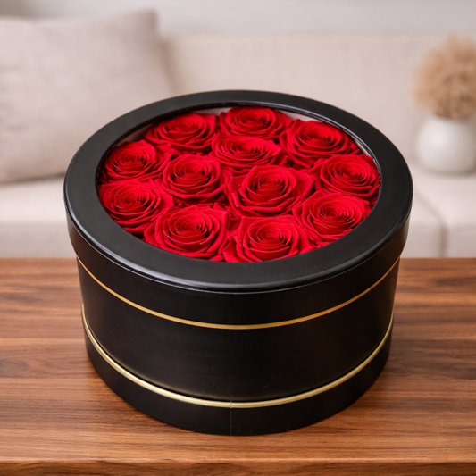Luxury preserved red roses in black hat box gift arrangement

