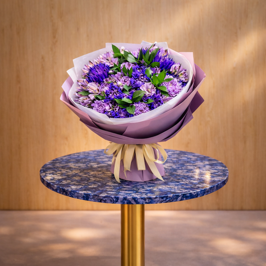 Side angle luxury purple flower bouquet Toronto with refined floral design