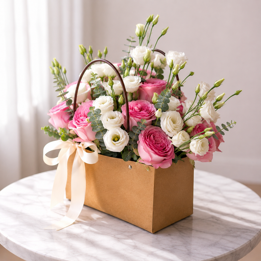 Elegant pink flower box handcrafted with fresh roses and seasonal flowers for delivery across Toronto, Mississauga, and the GTA.
