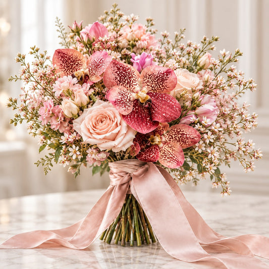 Pink orchid bridal bouquet with blush roses, delicate seasonal flowers and dusty rose satin ribbon