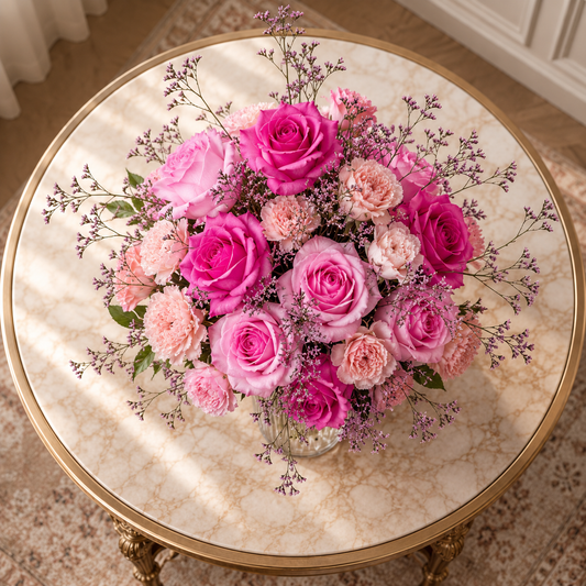 Top view of pink rose centerpiece Toronto with luxury flowers