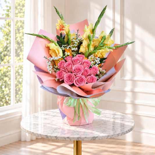 Pink rose statement bouquet with yellow gladiolus and luxury wrapping