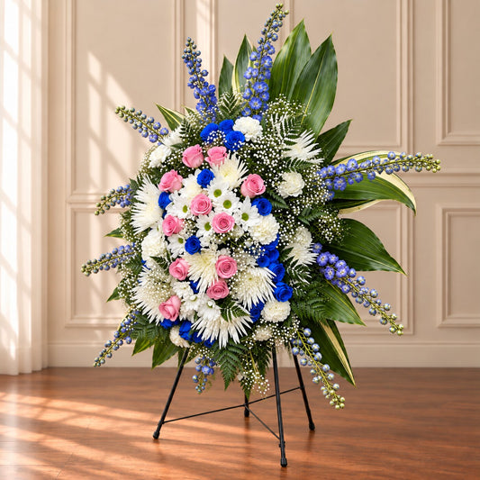 Pink roses and white memorial flowers in a handcrafted standing tribute by Amarilis Flowers