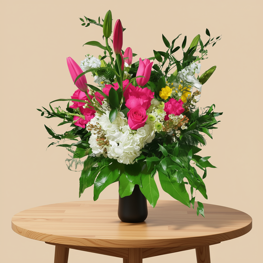Garden-inspired floral arrangement with pink roses and fresh greenery