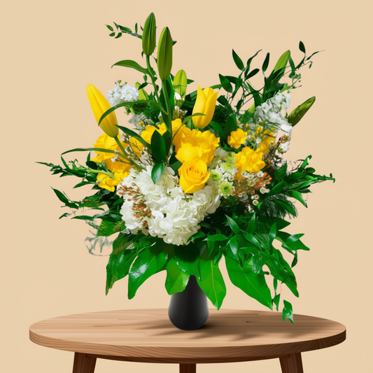 Luxury garden flower arrangement Toronto with yellow blooms and greenery