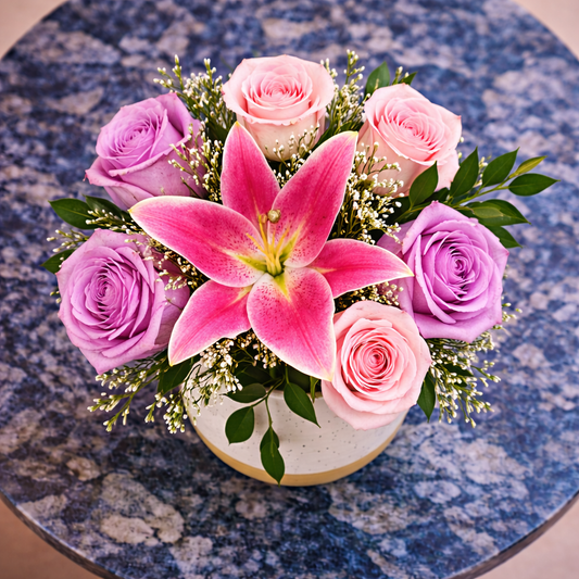 Close-up of Porcelain Whisper bouquet featuring pink lily and lavender roses with same day flower delivery Toronto GTA