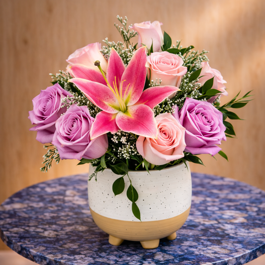 Porcelain Whisper floral arrangement with pink and lavender roses, available with same day flower delivery Toronto GTA